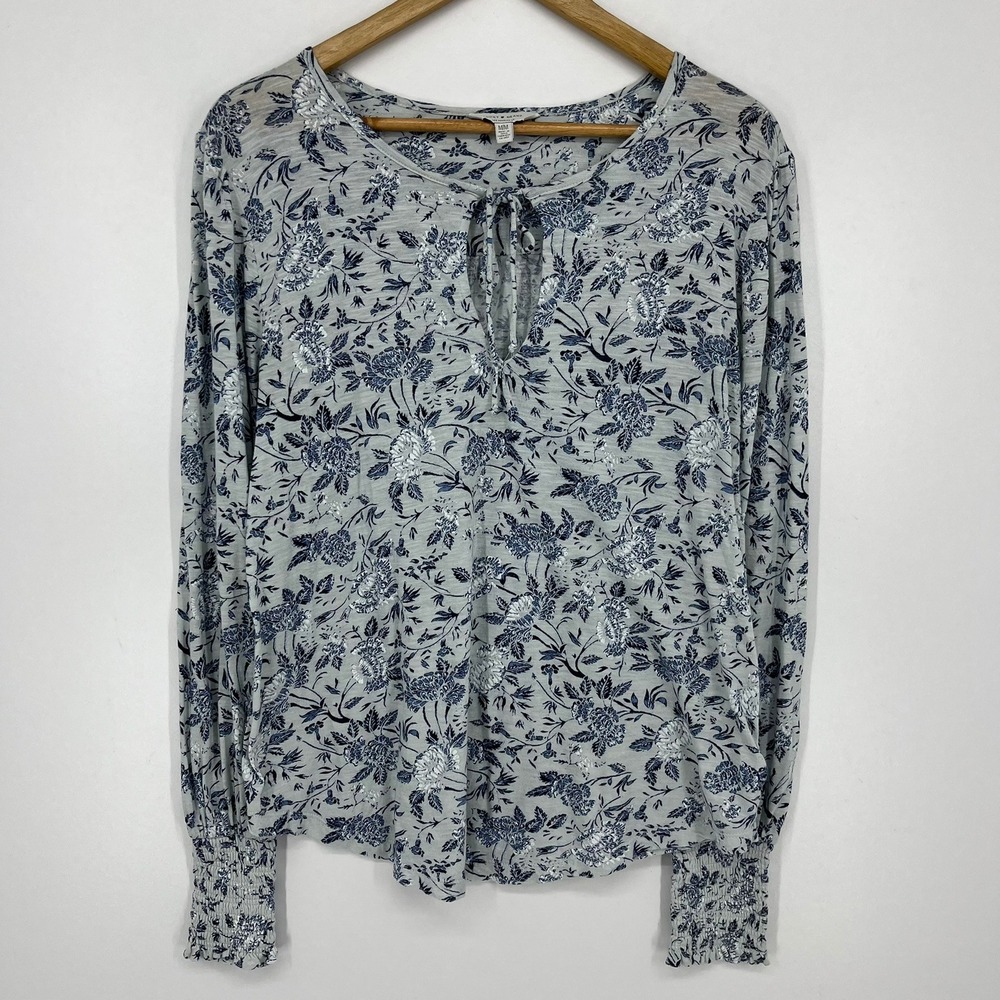 Lucky Brand Women Blue White Floral Keyhole Tie Neck Smocked Cuff Blouse Size M